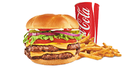 checkerburger with pile of fries and a drink